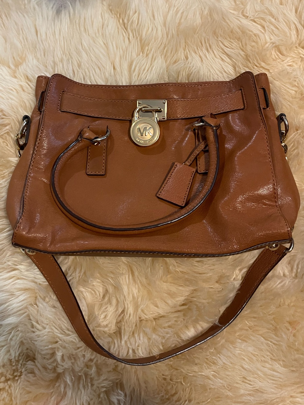 Michael Kors Cognac Leather Satchel with Gold MK Charm